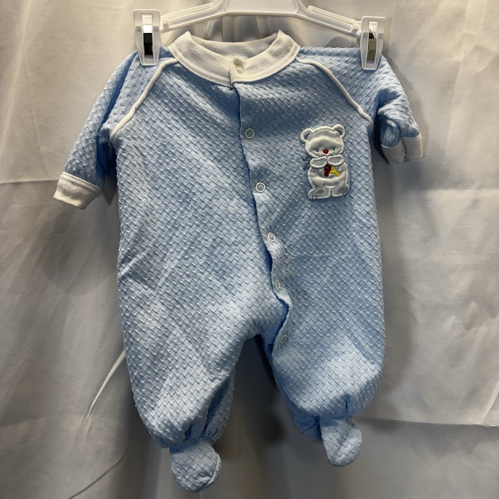 Vintage Baby grow Small (3-6 Month)‎ Blue Footed Sleeper With Bear
